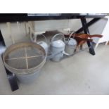 3 Tin watering cans, a pail,