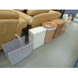 4 wooden and wicker laundry bins and baskets