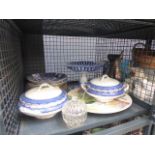 Cage containing a quantity of blue and white china plus a lidded glass bowl