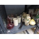 Cage containing a pair of 1930's painted vases, kitchen storage vessels,