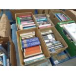 4 boxes containing books on British history and autobiographies