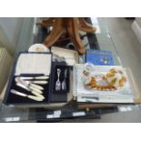 Qty of cased cutlery sets, a decorative plaque with harvest mice,