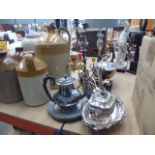 3 Branch candlestick, brass candlestick and silver plated plate to inc.