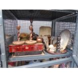 Cage containing a quantity of treen to include elephants, trays,