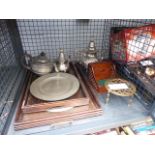 Cage containing oak serving trays, pewter tea pot, silver plated tea pots,