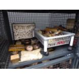 Cage containing tie and souvenir pins, clock and watch parts, costume jewellery, scent bottle,