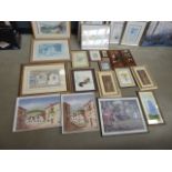 Large quantity of prints to include still life with flowers, Mediterranean village, wall plaques,