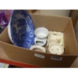 Box containing blue and white bowl plus shaving mugs