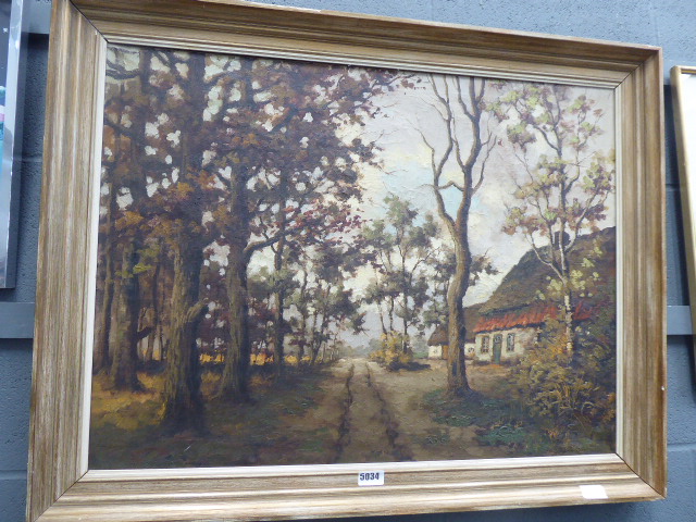 Framed oil of cottage and wood scene