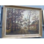 Framed oil of cottage and wood scene