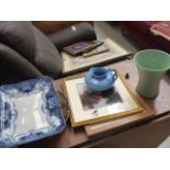 5162 - Blue glazed jug, green glazed vase, blue and white tray, wall plaque,