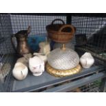 Cage containing ceiling light shades, silver plated jug,