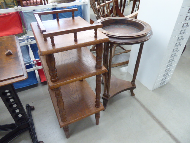 Oak shelf unit with gallery to the top together with copper lined plant stand