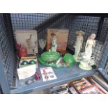 Cage containing figures of ladies, semi precious stones, green glass dressing table tidy,