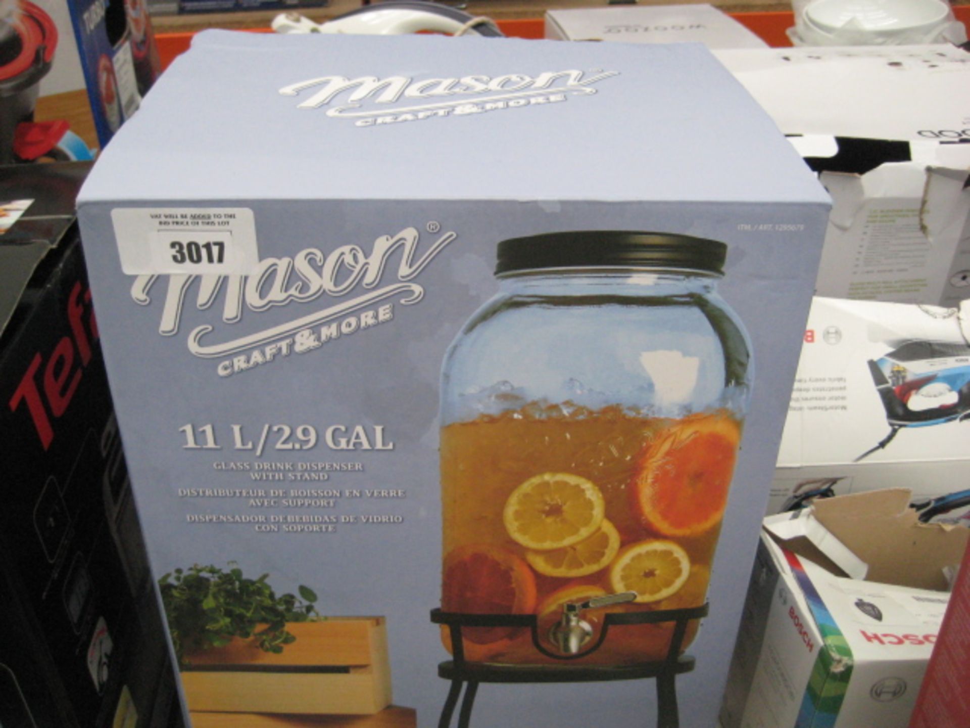Boxed Mason Craft & More 2.9 gallon glass drinks dispenser with stand