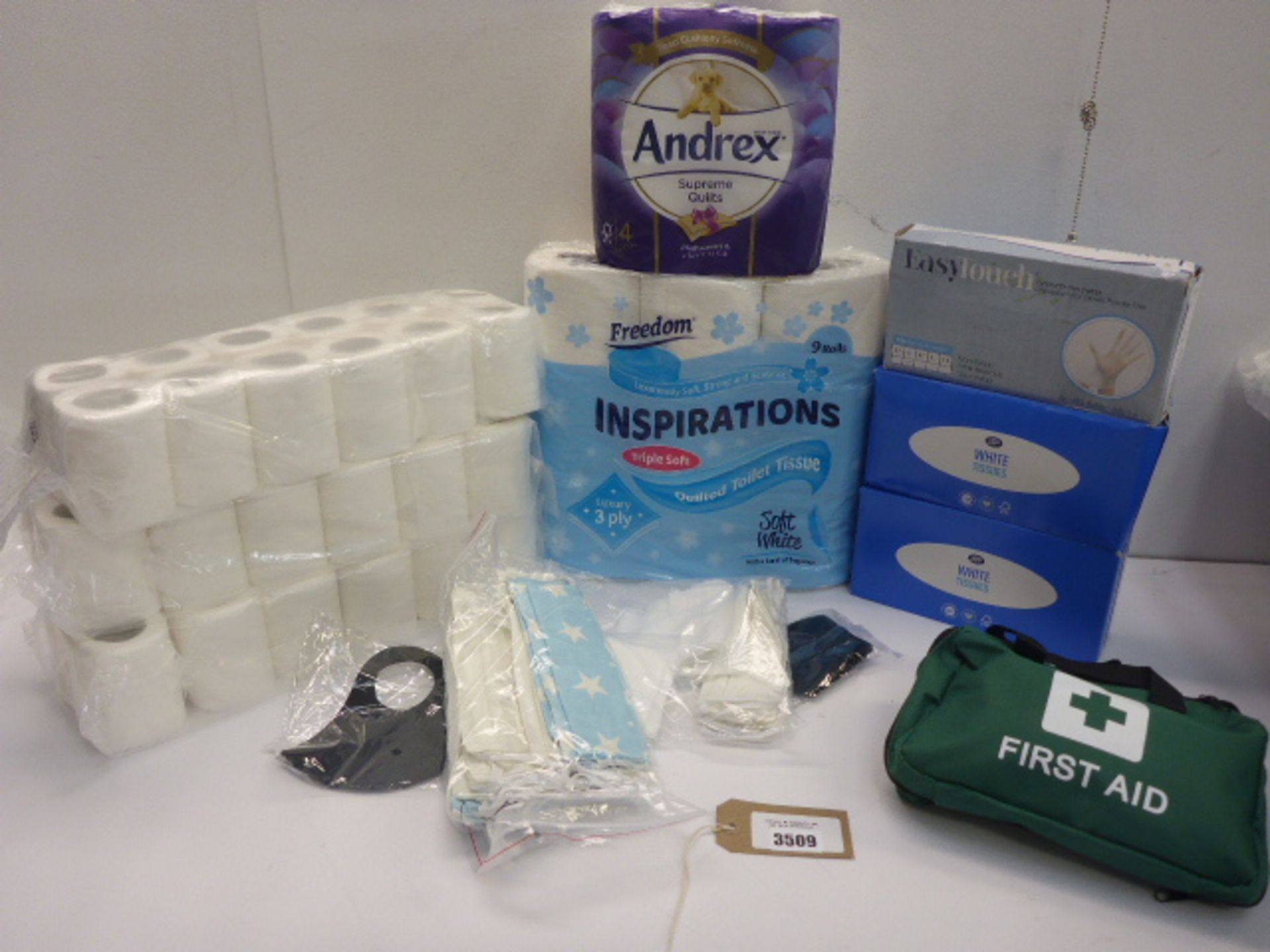 Andrew, Inspiration and other toilet roll packs, 2 packs white tissues, Disposable vinyl gloves,