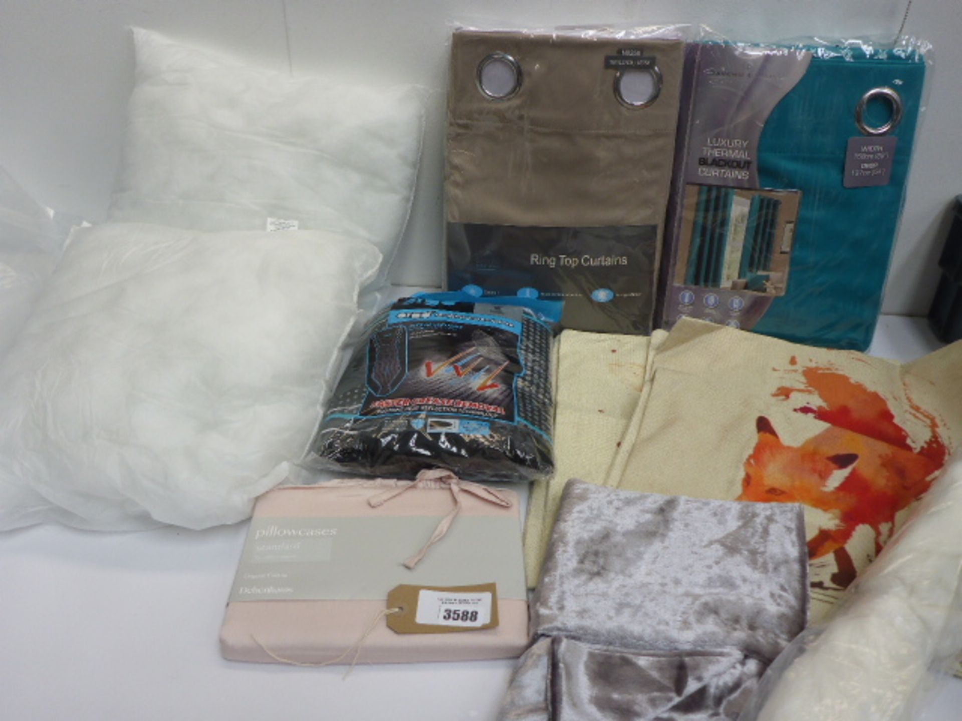 2 sets of ring top curtains, 2 inner cushion pads, cushion covers, pillowcases and ironing board