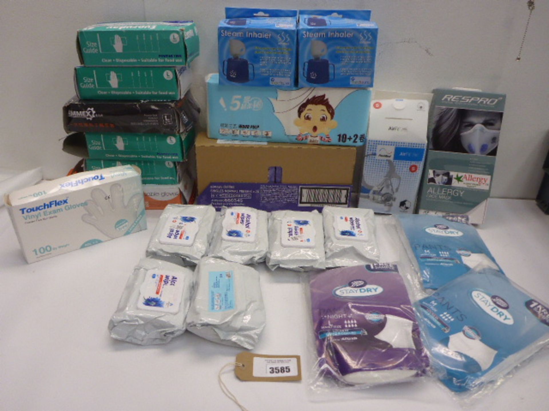 ResMed & Respro facial masks, vinyl examination gloves, tissues, alcoholic wipes, steam inhalers and