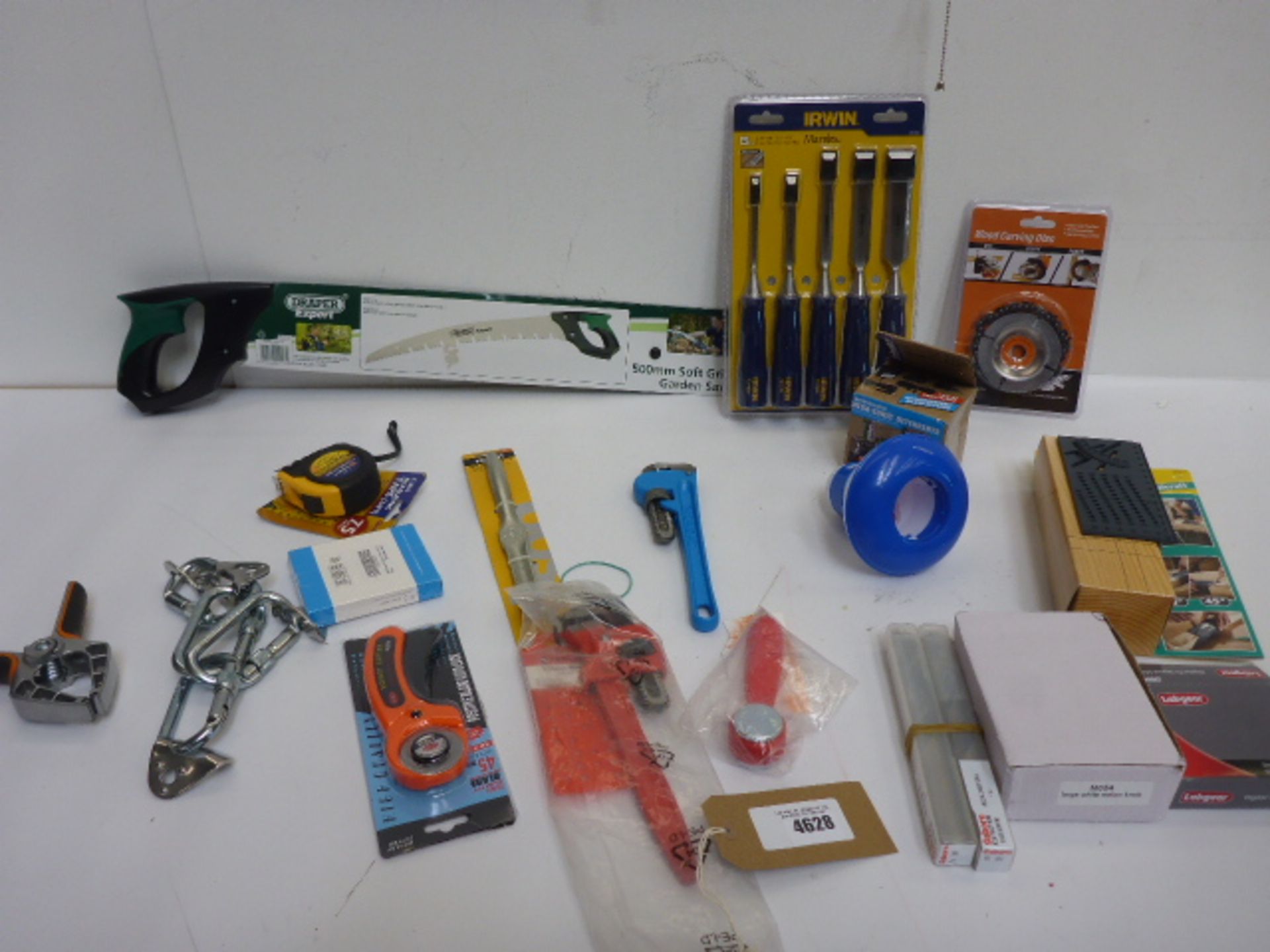 Irwin Marples chisel set, Stilson wrenches, Draper garden saw, wood carving disc, tape measure,