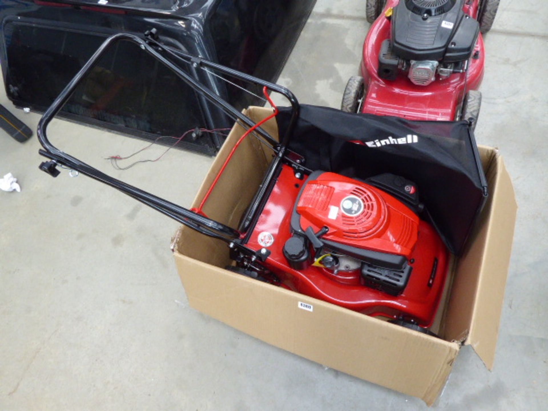 Boxed Einhel GCPM46 petrol powered mower complete with grass box