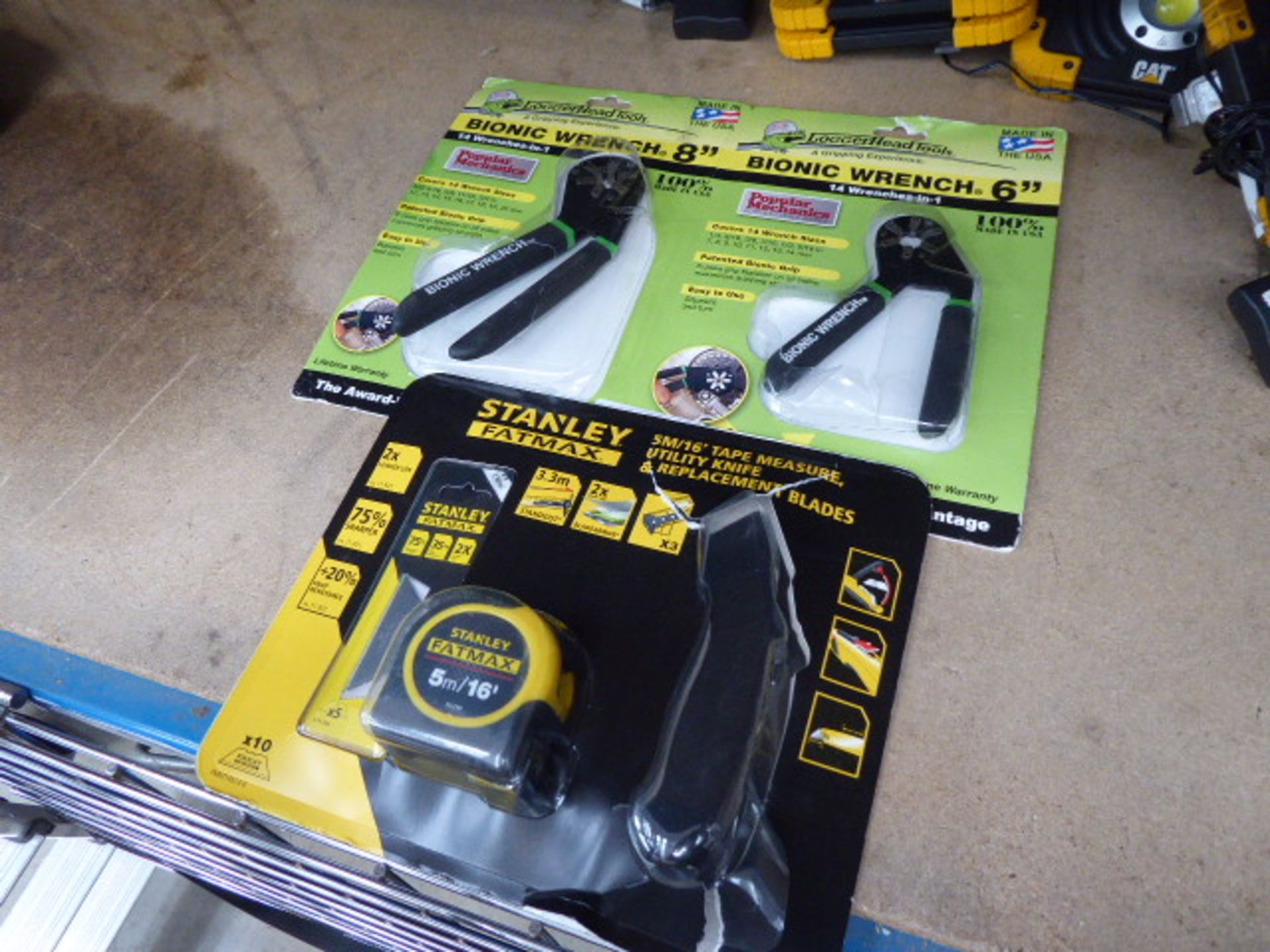 Stanley fatmax tape measure, 3 Cat lights, bionic wrenches, bulbs and under counter lights