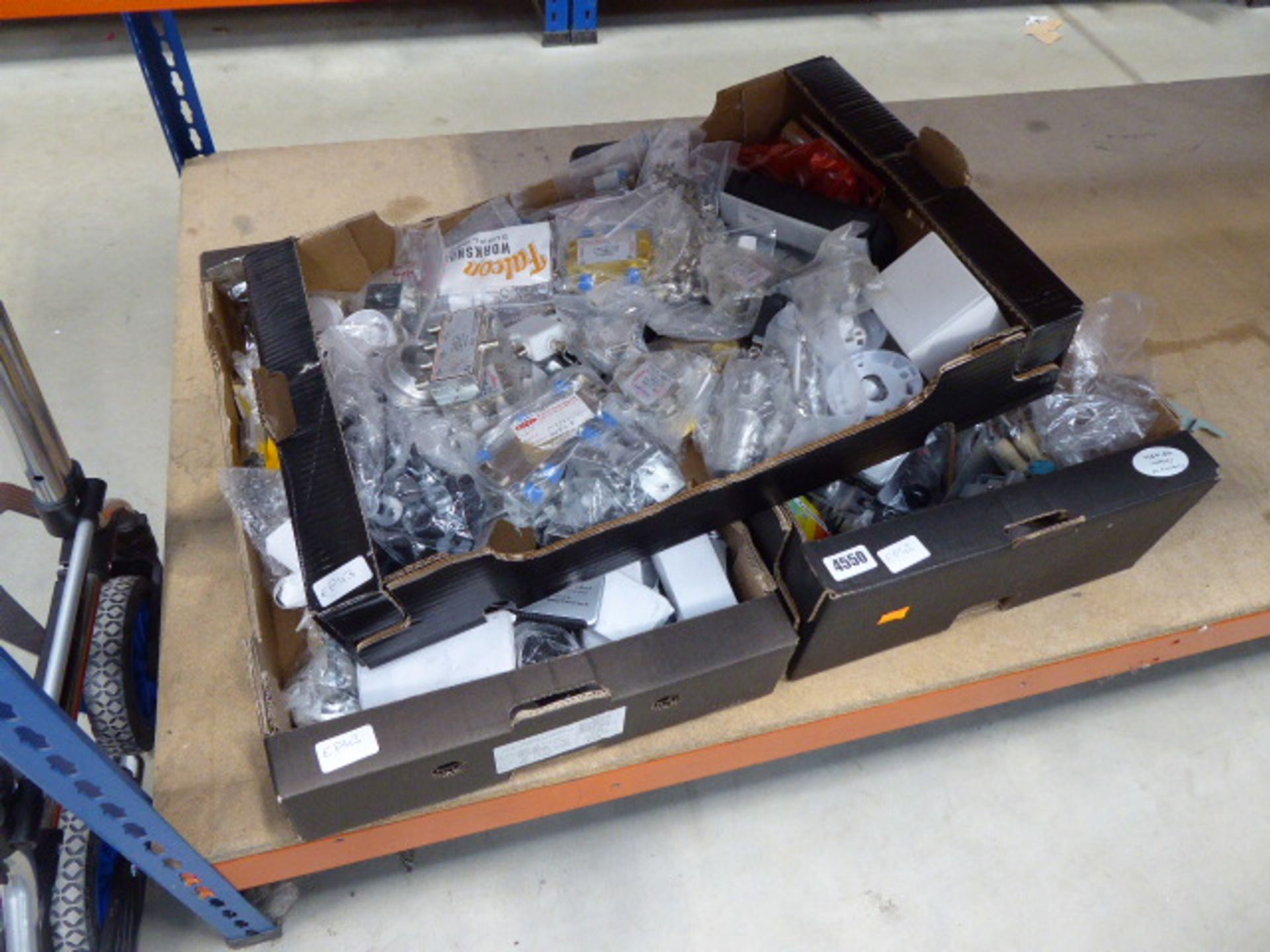 3 boxes of assorted items inc. electrical switches, wire, tape, brass fittings, etc