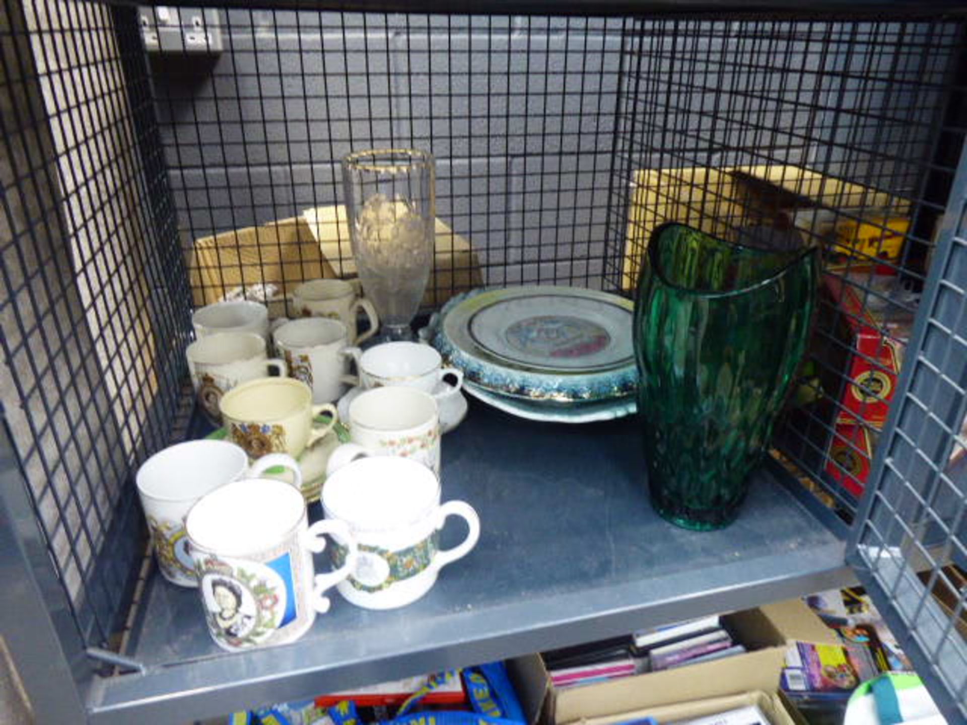 5414 Cage containing commemorative mugs, plates and glassware