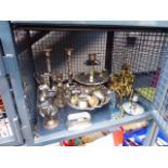 Cage containing a qty of silver plate and pewter to include candlesticks, trophy, miniature goblets,