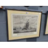 A pair of framed and glazed etchings of fishing boats on stormy sea