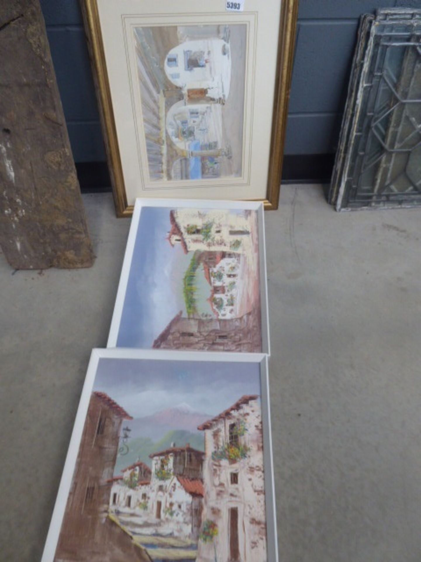 2 modern oils on board - Mediterranean villages plus watercolour of courtyard