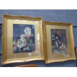 Pair of watercolours in gilt frames depicting domestic scenes