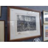 Framed and glazed engraving of French calvalry officers in woodland