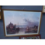 5234. Framed and glazed print of boats on river, cottages and church