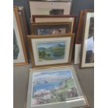 A quantity of watercolours and prints to include estuary with houses, highland scene, dinner party ,