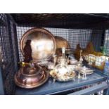 Cage containing silver plated gallery trays, a bacon dish, plus vases, coffee mugs, and a figure