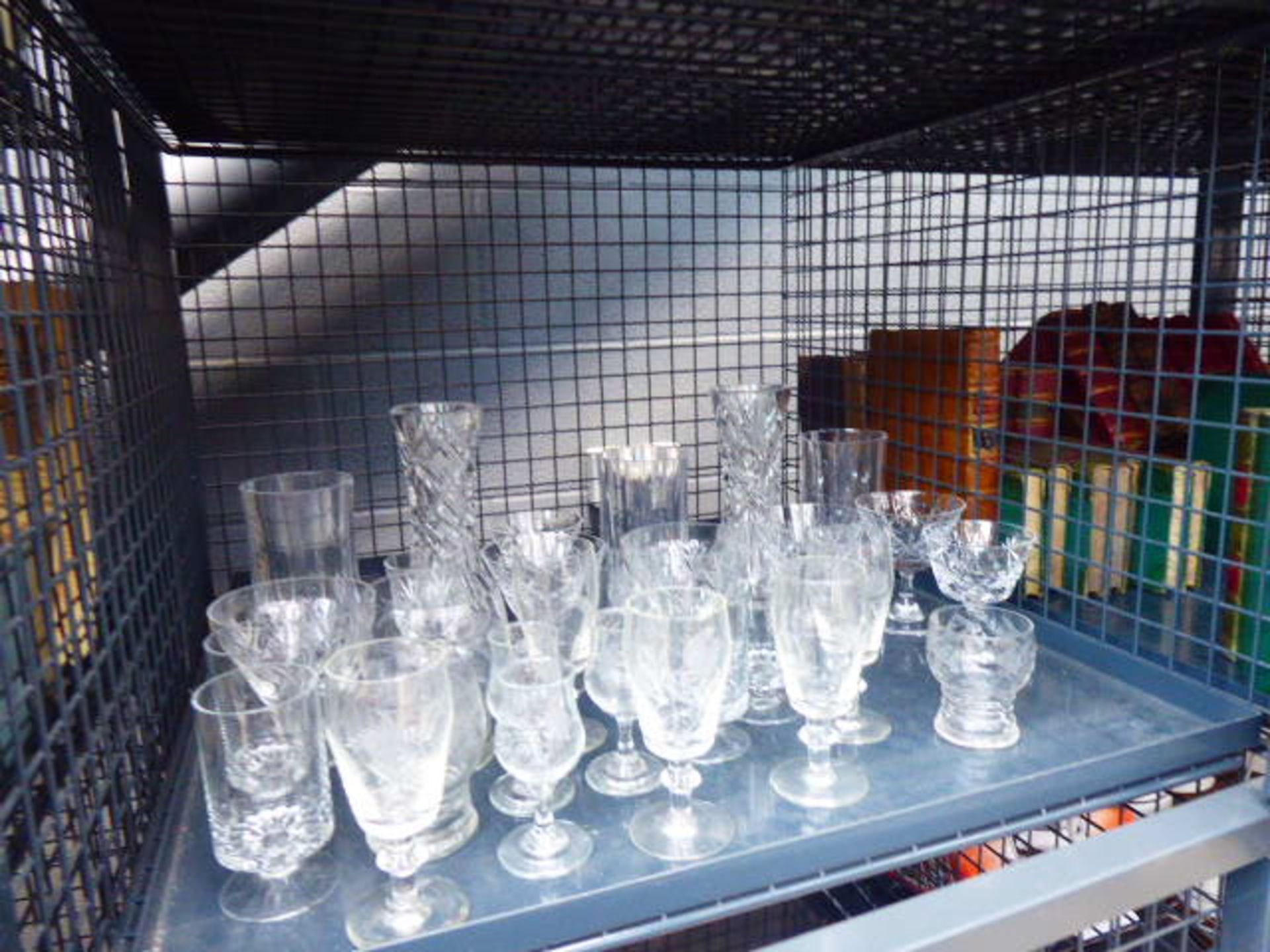 Cage containing a qty of sherry and wine glasses, plus vases