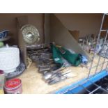 Cage containing quantity of loose cutlery and silver plated tray