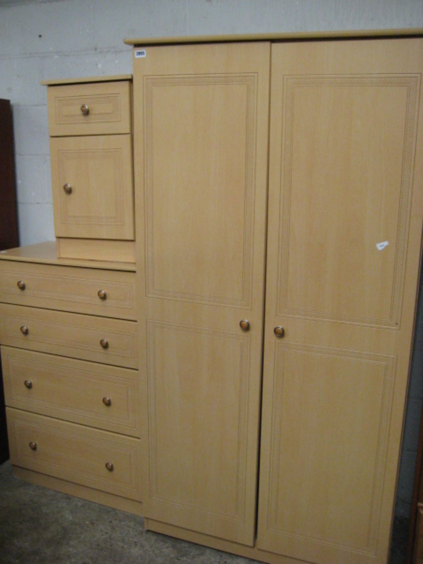 Beech effect bedroom suite comprising double door wardrobe, 4 drawer chest and matching bedside