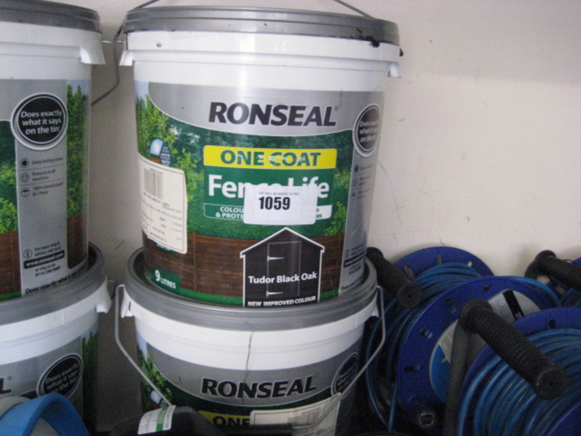 2 tubs of Ronseal garden 1 coat fence paint in Tudor black oak