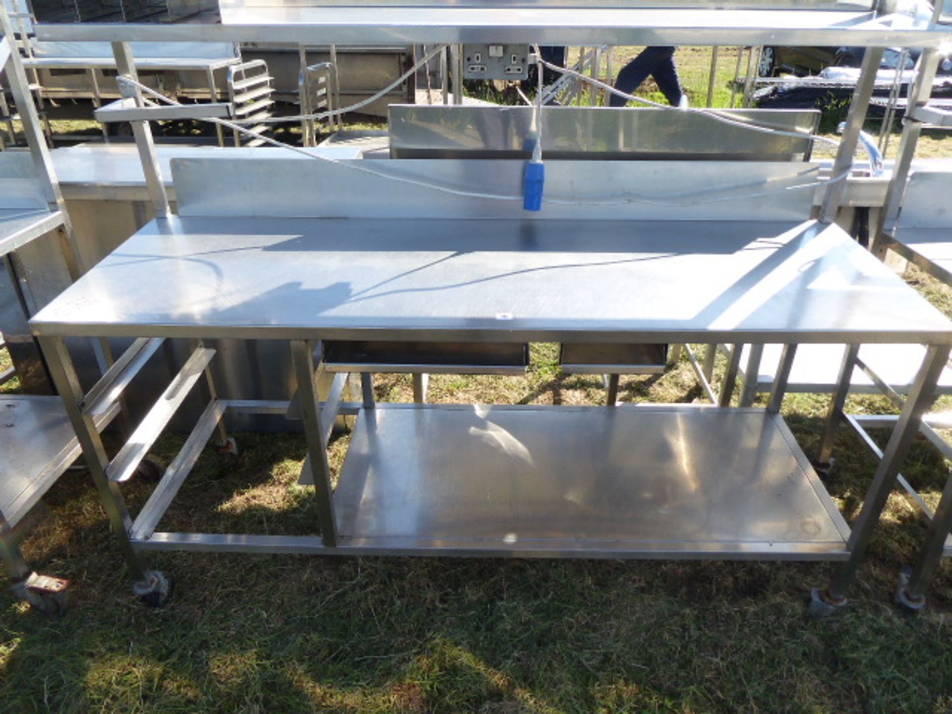 Stainless steel mobile food preparation station with 2 shelves over, shelf under space for trays, - Image 2 of 2