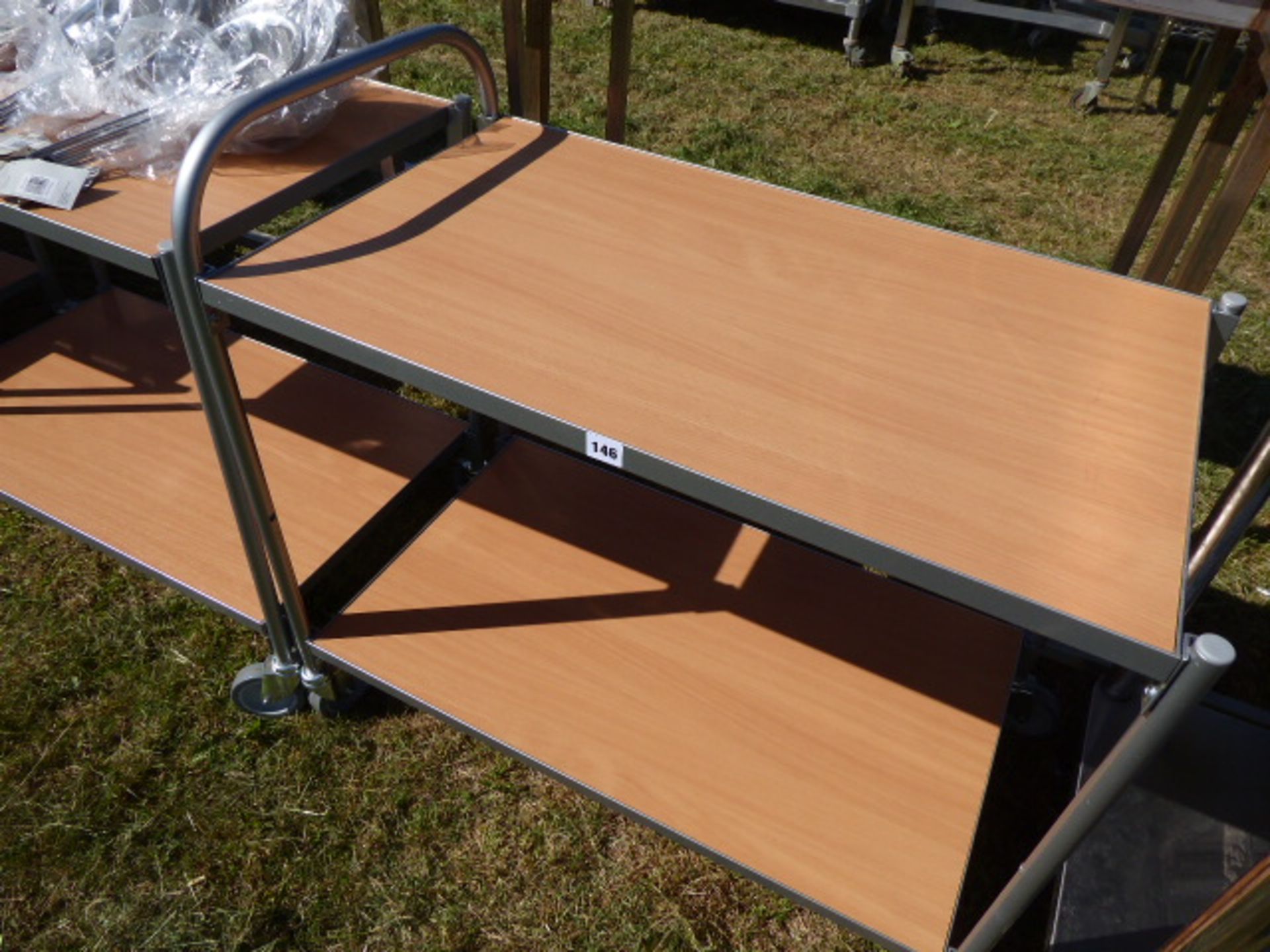 2 tier mobile catering trolly with metal tubular frame and wooden shelves, 850mm wide - Image 2 of 2