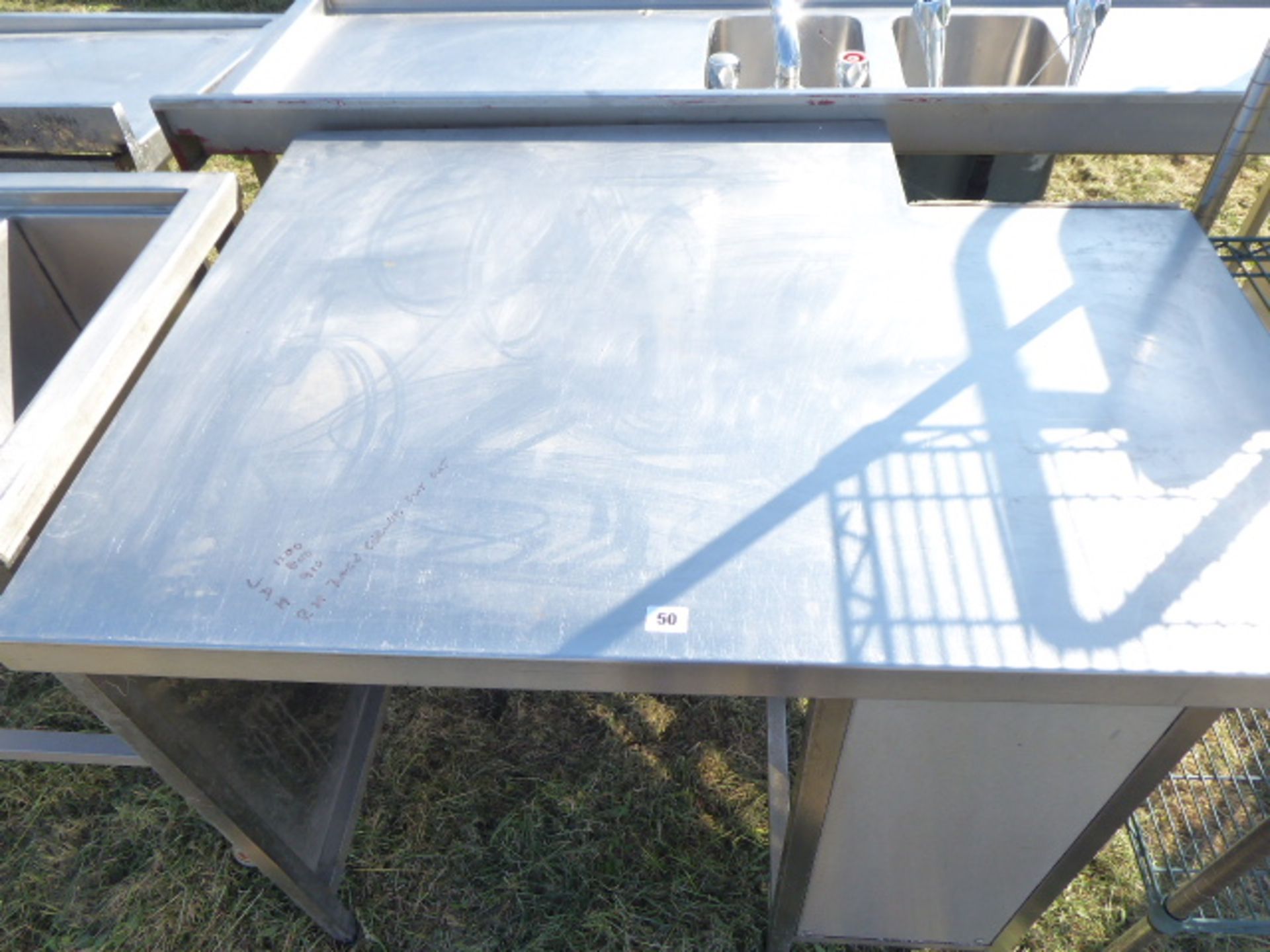 Stainless steel preparation table with a rear corner cut out, 1100mm wide, 800mm deep and 910mm high - Image 2 of 2