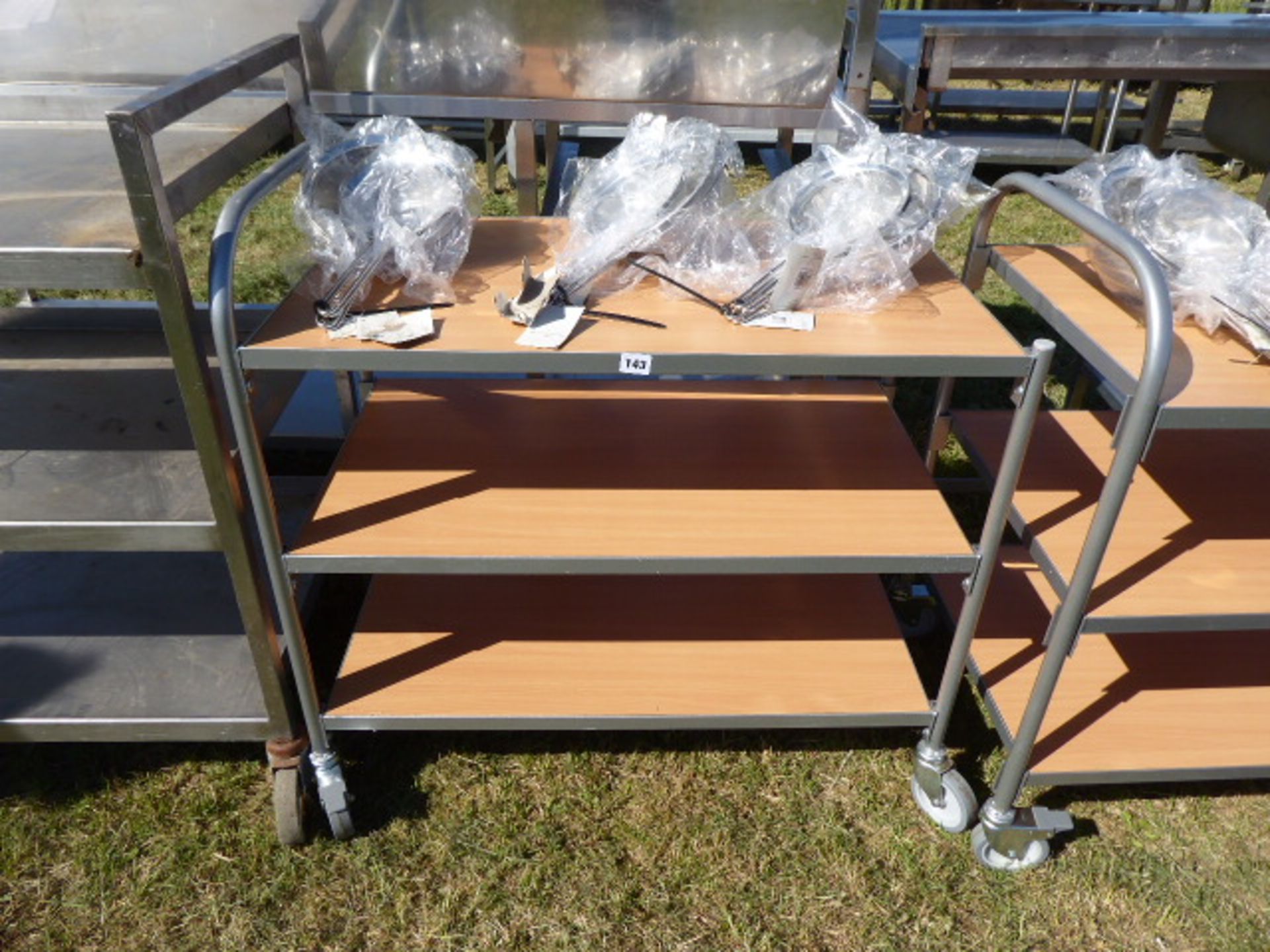 3 tier mobile catering trolly with metal tubular frame and wooden shelves, 850mm wide