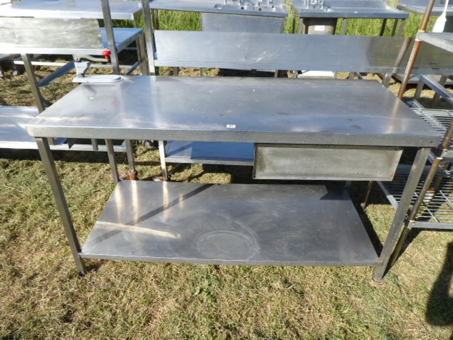 Stainless steel preparation table with mounted can opener, drawer and shelf under, 1500mm wide,