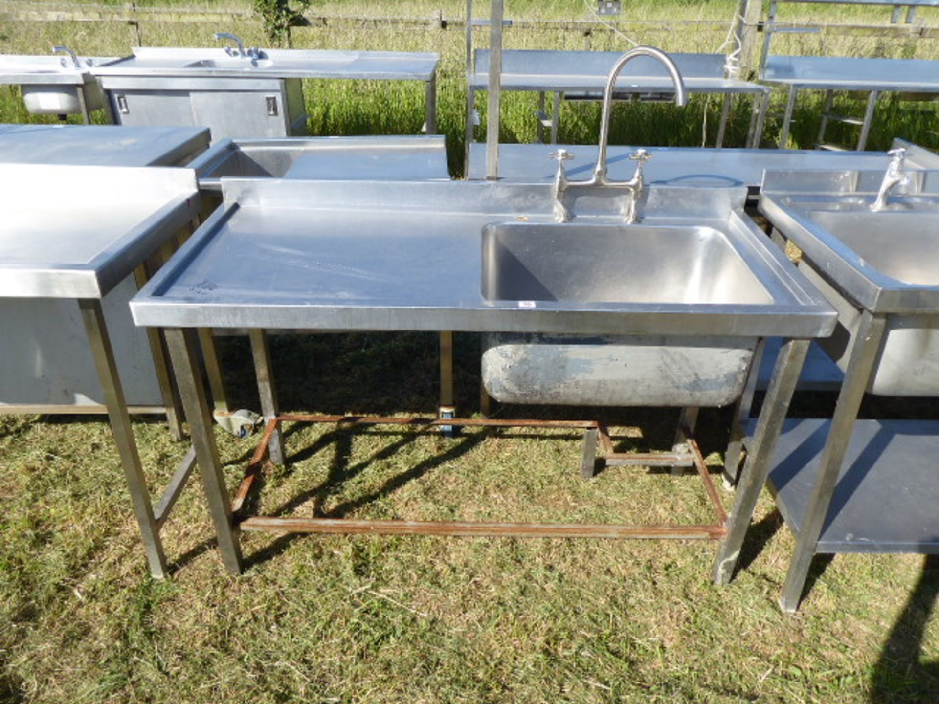 Stainless steel sink unit with large single bowl and tap set, 1400mm wide, 600mm deep and 850mm high