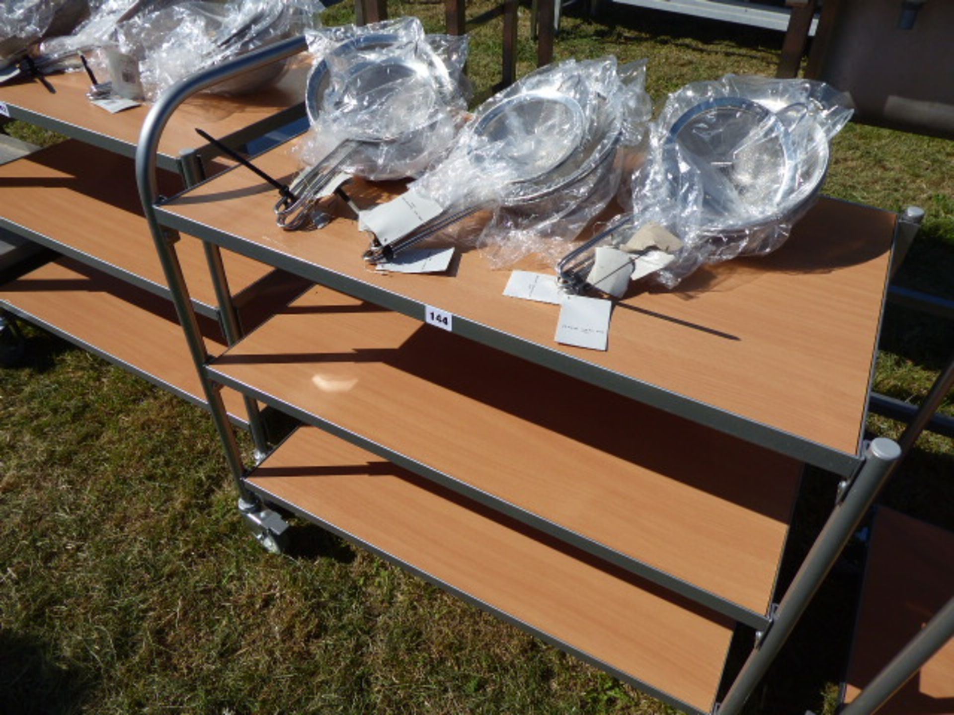 3 tier mobile catering trolly with metal tubular frame and wooden shelves, 850mm wide - Image 2 of 2
