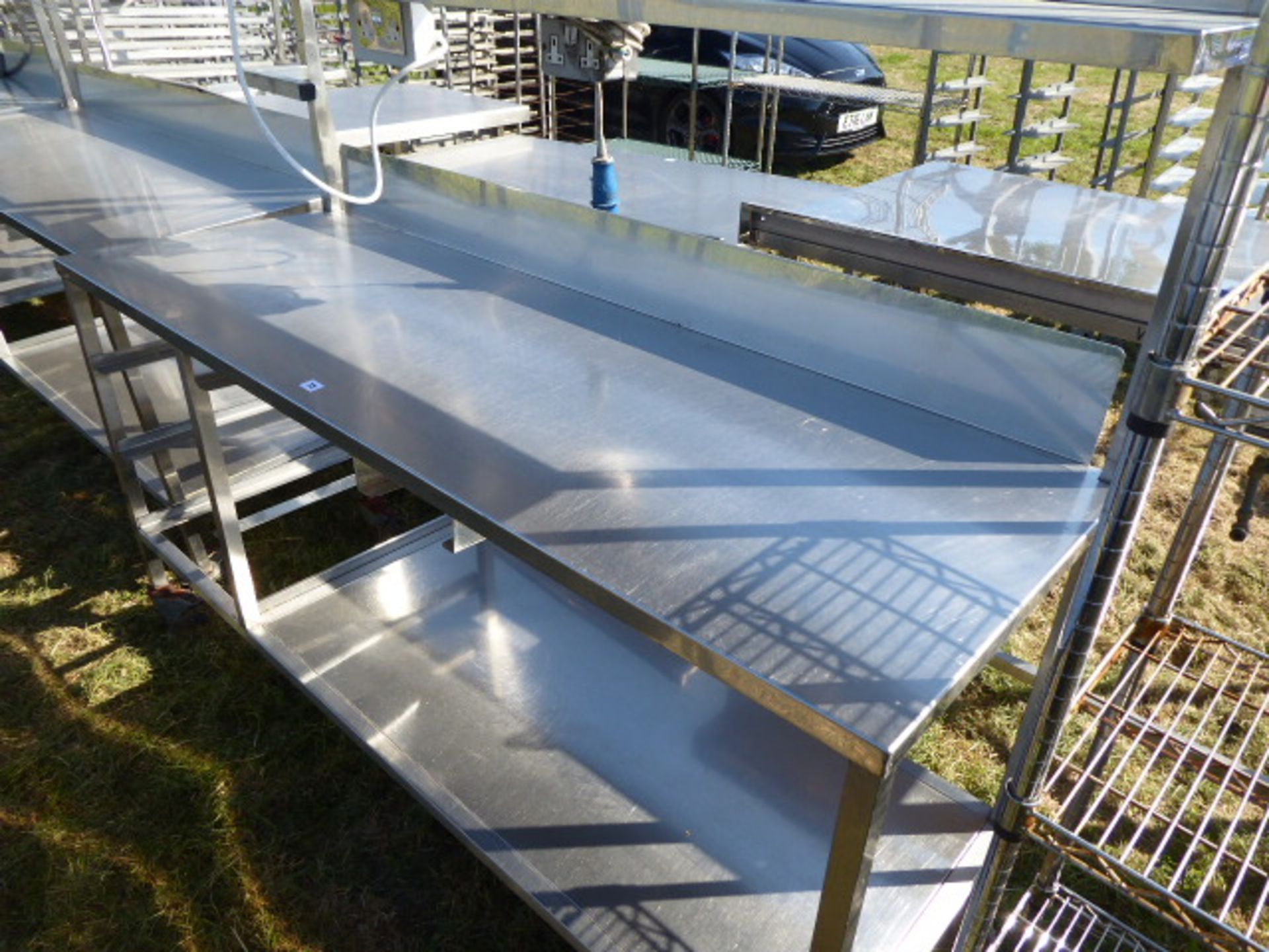 Stainless steel mobile food preparation station with 2 shelves over, shelf under space for trays, - Image 2 of 3