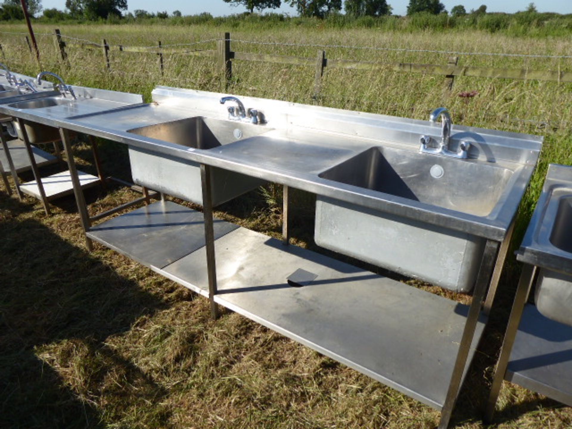 Large double bowl with deep bowl sink unit and tap sets and shelf under, 2440mm wide, 720mm deep and