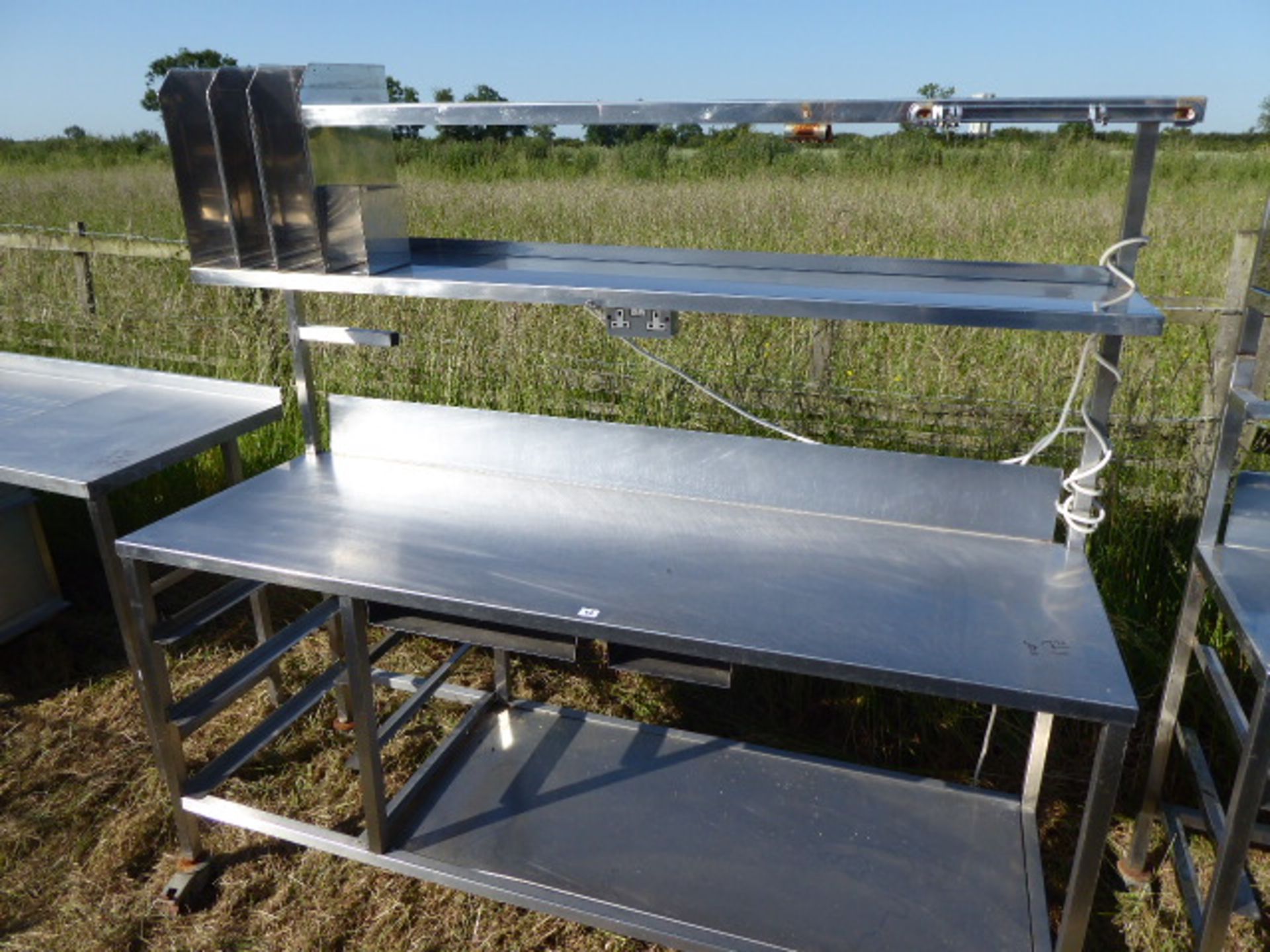 Stainless steel mobile food preparation station with 2 shelves over, shelf under space for trays, - Image 2 of 3