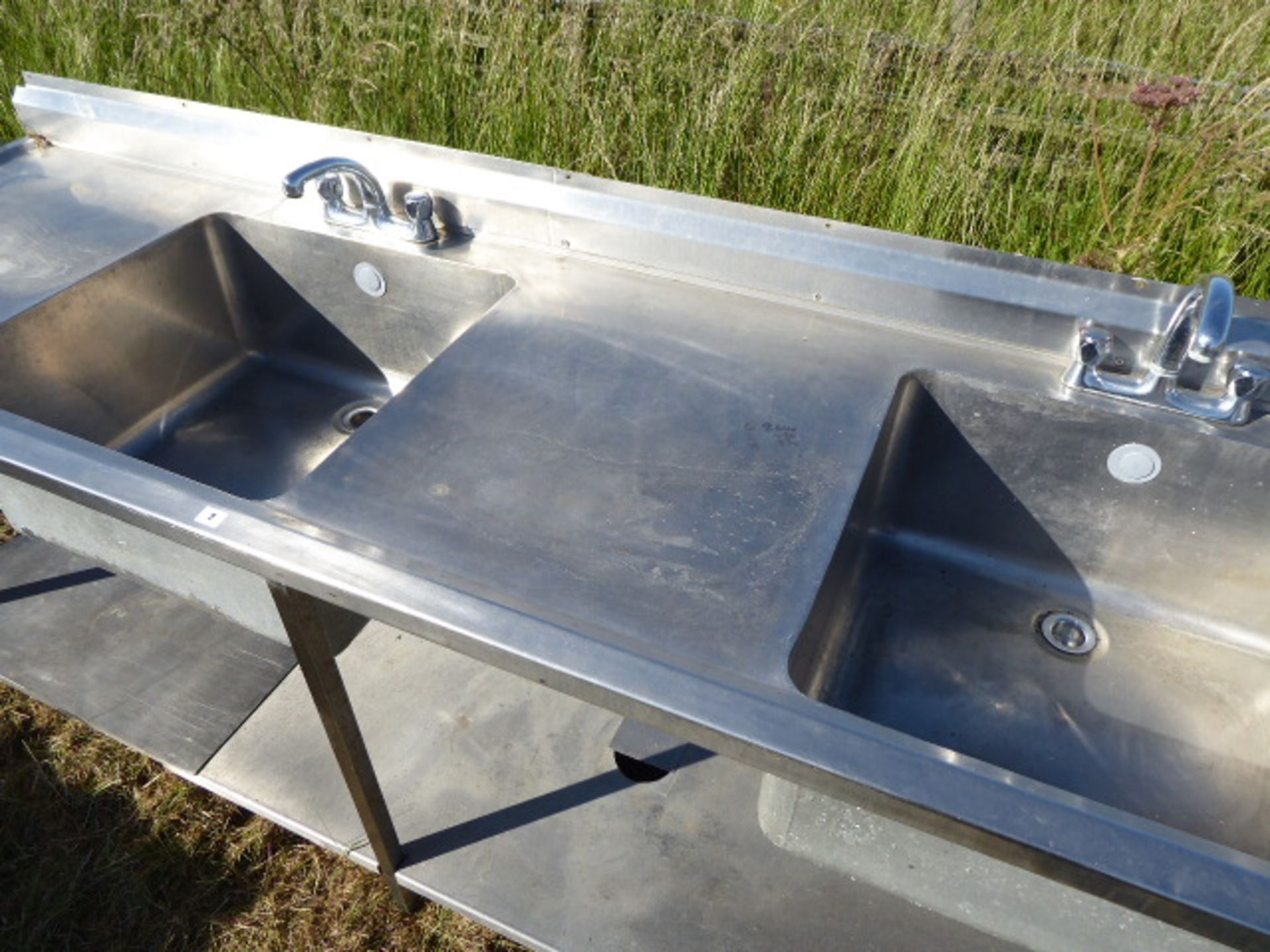 Large double bowl with deep bowl sink unit and tap sets and shelf under, 2440mm wide, 720mm deep and - Image 3 of 3